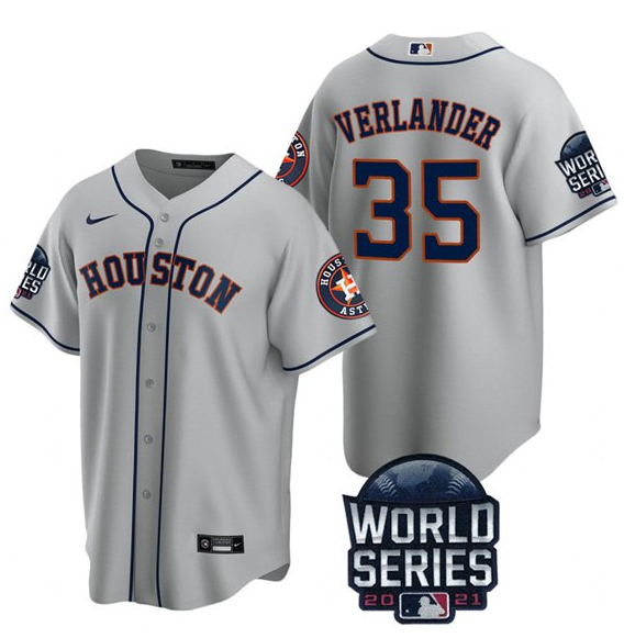 Men's Houston Astros #35 Justin Verlander 2021 Grey World Series Cool Base Stitched Baseball Jersey Men's Houston Astros #35 Justin Verlander 2021 Grey World Series Cool Base Stitched Baseball Jersey